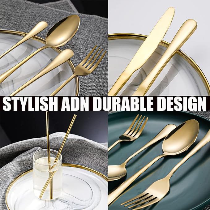 28 Pieces Gold Silverware Service for 4 Flatware Set Stainless Steel Utensils Cutlery Set Dishwasher Safe Flatware (Gold, 28)