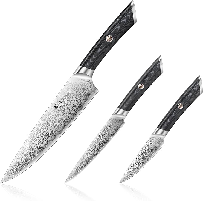 Cangshan KURO Series 3-Piece Starter Knife Set with Ash Wood Box, High Carbon X-7 Damascus Steel, 504319