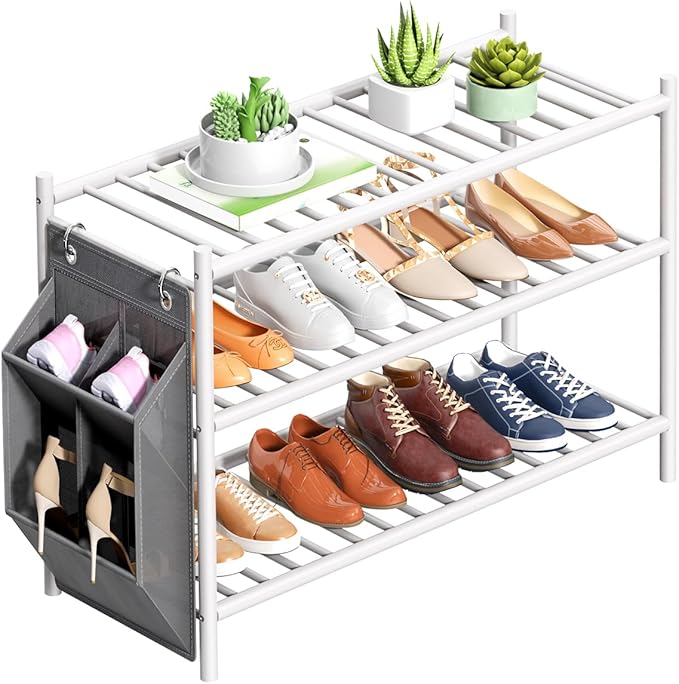 Bamboo Shoe Rack for Closet Small Wooden Shoe Organizer with Pouch, Sturdy Wood Shoe Shelf for Front Door Entrance Entryway and Outdoor, 26 inch Wide (White, 3-Tier)