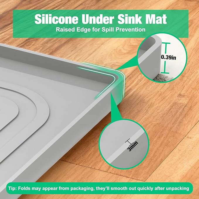 Under Sink Mat 22" X 19", Waterproof Silicone Under Sink Mats for Kitchen, Anti-Leak Shelf Liner & Cabinet Protector with Raised Edge, [BPA Free] Bathroom Tray Home Organizer, Light Grey