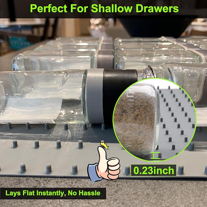 Gosmol Spice Drawer Organizer insert, Adjustable & Non-Slip Silicone Spice Drawer Liner, in Drawer Spice Organizer for Seasoning Jars and Spices Bottles -Grey