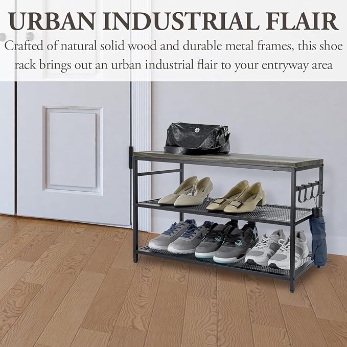 MyGift 28 Inch Black Metal Shoe Stand with 2 Mesh Shelves Rack and Vintage Gray Solid Wood Top Storage Shelf, 3-Tier Rustic Industrial Entryway Organizer Bench Includes 4 Hanger Hooks