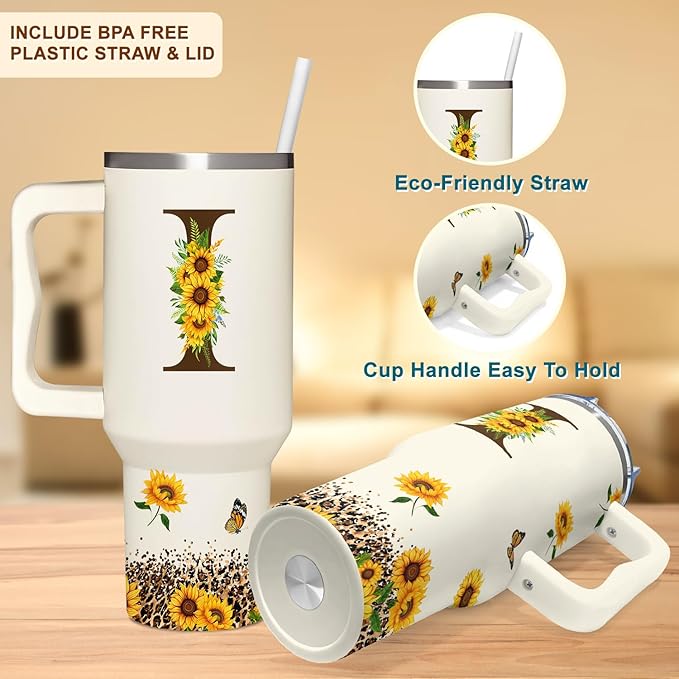 Personalized Birthday Gifts For Women - Sunflowers Monogrammed Cup For Boss Day, Christmas - Customized Gifts For Women, Mom, Wife, Coworkers, Boss Lady, Her - Custom Tumbler With Handle 40oz