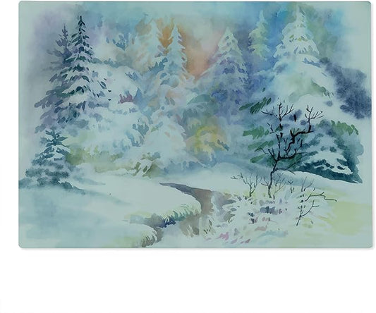 Ambesonne Winter Cutting Board, Watercolor Painting Interpretation of a Snowy Scene and Blurred Pattern, Decorative Tempered Glass Cutting and Serving Board, Large Size, Soft Blue