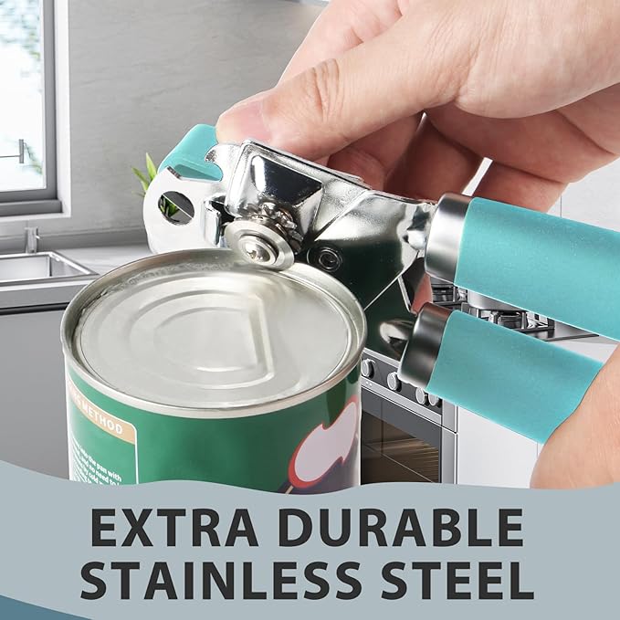 Can Opener Manual, Heavy Duty Handheld Strong Can Opener with Soft Touch Handle, Sharp Blade Smooth Edge, Can Openers with Multifunctional Bottle Opener, Aqua Sky