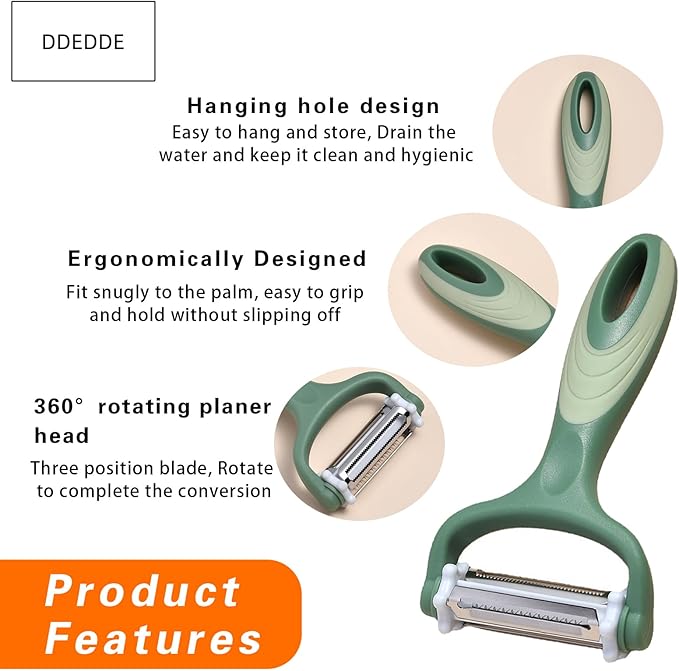 3-in-1 Rotary Vegetable Peeler with 3 Blades - Multi-Function Stainless Steel Peeler & Julienne Slicer - Ergonomic Non-Slip Grip Handle for Potato, Carrot, Fruit, Tomato, Kitchen Gadgets (Green)