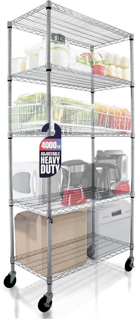 4000 LBS Heavy Duty Metal Shelving Unit – 36x18x76 NSF 5-Tier Wire Rack with Wheels, Adjustable Garage Storage Shelves, Chrome Wire Shelving for Kitchen, Warehouse, Bakers Rack – Crescent