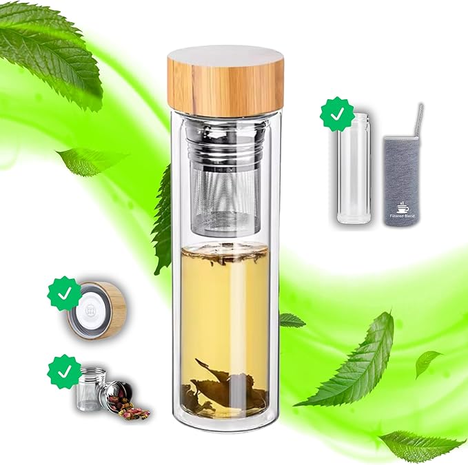 15oz Double Wall Glass Water Bottle with Bamboo Lid and Tea Infuser – Insulated, Leak-Proof, and Eco-Friendly Travel Tea Mug with Filter for Hot or Cold Beverages