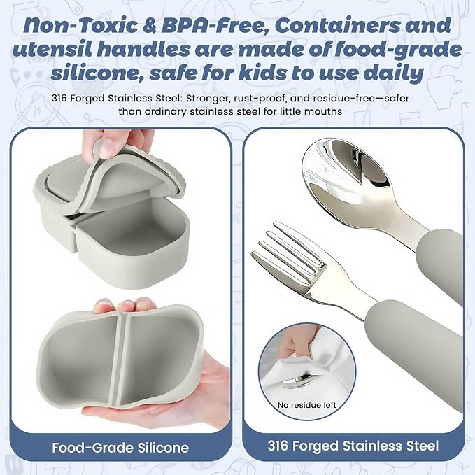 Silicone Snack Containers for Kids (8.5Oz, 2-Compartment)+ Kids Silicone Cutlery Set (Spoon and Fork) - BPA Free, Leak Proof, Great for Toddler/Kid/Adult Meal Prep Containers (White)