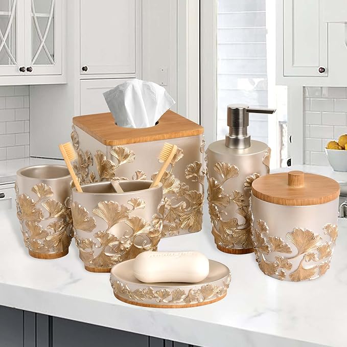 Decozen Bathroom Accessories Set 6Pcs – Soap Dispenser, Toothbrush Holder, Tumbler, Soap Dish & Cotton Swab Jar – Modern Bathroom Decor, Bath Set for Christmas Decor, Valencia