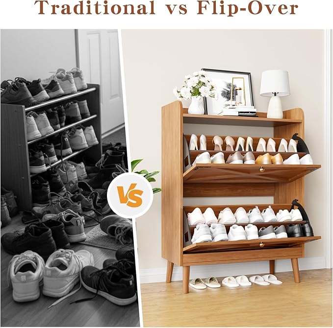 Shoe Storage Cabinet with 2 Flip Drawers & Adjustable Shelves,Narrow Shoe Cabinet Storage with Doors Side Hooks Wooden Shoe Rack Cabinet for Entryway,Hallway,Rustic Walnut