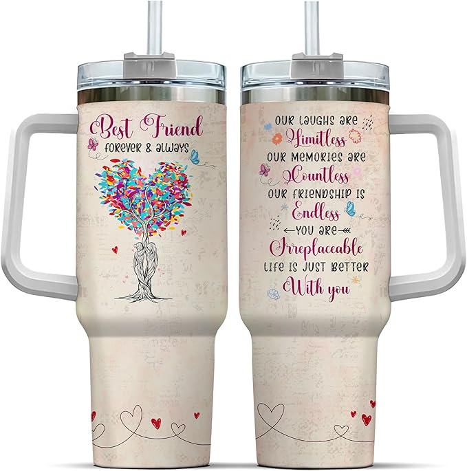 Tumbler 40 Oz With Handle Lid And Straw, Butterfly Funny Handle For Steel Stainless Coffee Women Yellow Heart Tumblers Cups Friends, Best Friend Tree Colorful