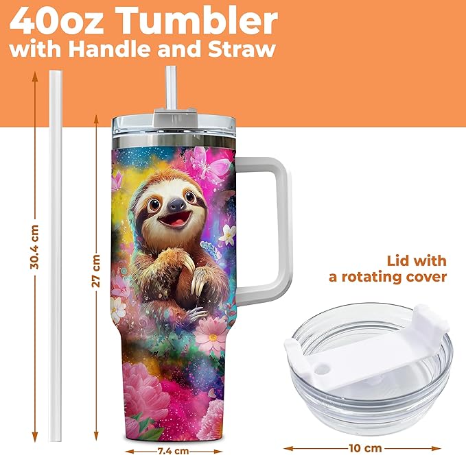 Personalized Sloth 40oz Tumbler with Handle and Straw Gifts for Sloth Lovers, Cute Animal Lover Gifts For Women Girl, Unique Birthday Christmas Gift, Custom Name Stainless Steel Travel Cup
