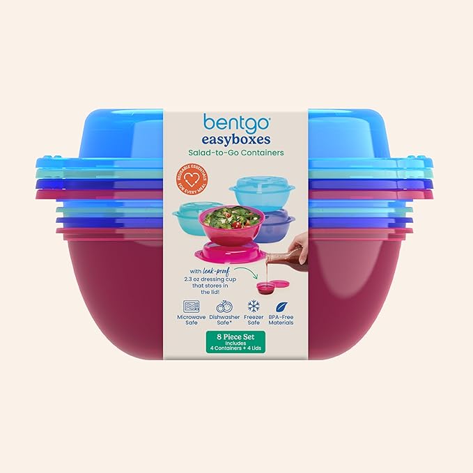 Bentgo Easyboxes Salad-to-Go Containers - 8-Piece Set: 4 Bowls, Leak-Proof Dressing Cups Built-In & 4 Fitted Lids Seal in Freshness; Reusable/BPA-Free for Salad, Pasta, & Cereal (Jewel Brights)