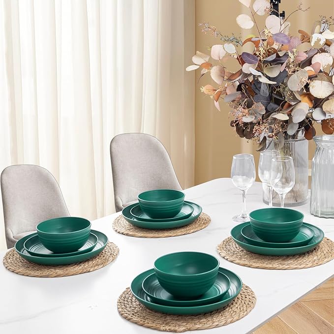 LIYH 24 Pcs Plastic Wheat Straw Dinnerware Set of 6 Plates and Bowls Set Reusable Plates Camping Plates Cups and Bowls Unbreakable Dinnerware Set（Green）