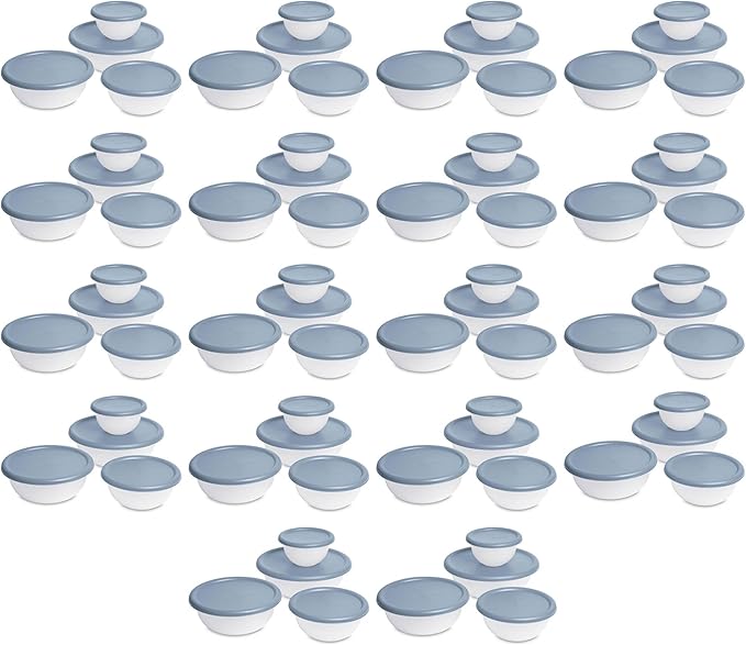 Sterilite Covered Bowl Set, Plastic Nesting Kitchen Mixing Bowls with Pour Spout, Meal Prep Food Storage Containers with Lids, Washed Blue (Set of 18)