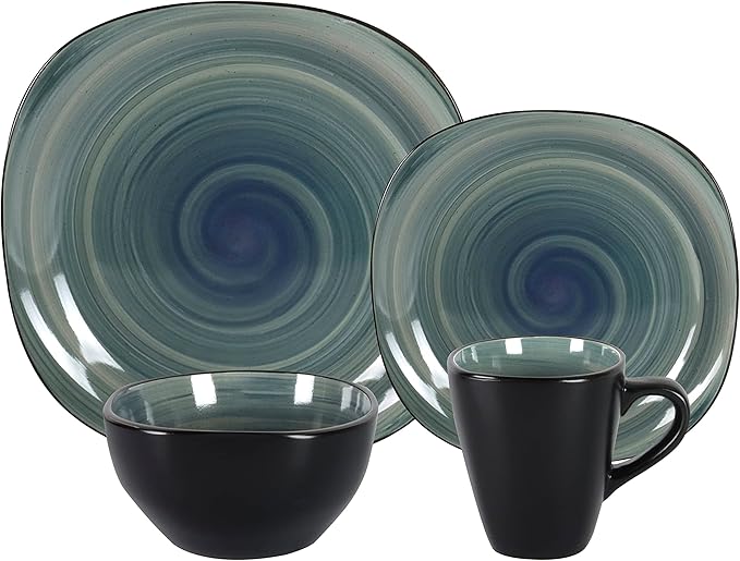 Stoneware Square 16pc Dinnerware Set, Inside Spinwaseh Swirl Blue + Outside Black