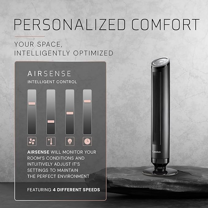 LASKO Ascend Tower Fan with Remote, 36" Floor Fans for Home Bedroom, 29 ft/s Airflow, 90° Oscillation, Air Filter, Black, OST100