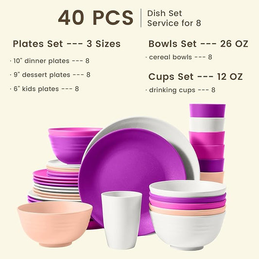 Homienly 40-Piece Wheat Straw Dinnerware Set, Reusable Plates and Bowls Sets, Alternative to Plastic Dishes Set-Dinner Plates with Textured Pattern, Bowls, Cups, Dishwasher Safe - Pink Flower