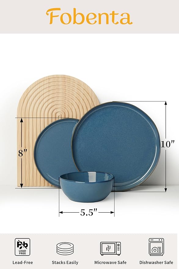 18 Piece Slate Blue Ceramic Plates and Bowls Set,Minimalist Dinnerware Sets for 6 – Dark Dish Set with Sculpted Edge for Modern Living
