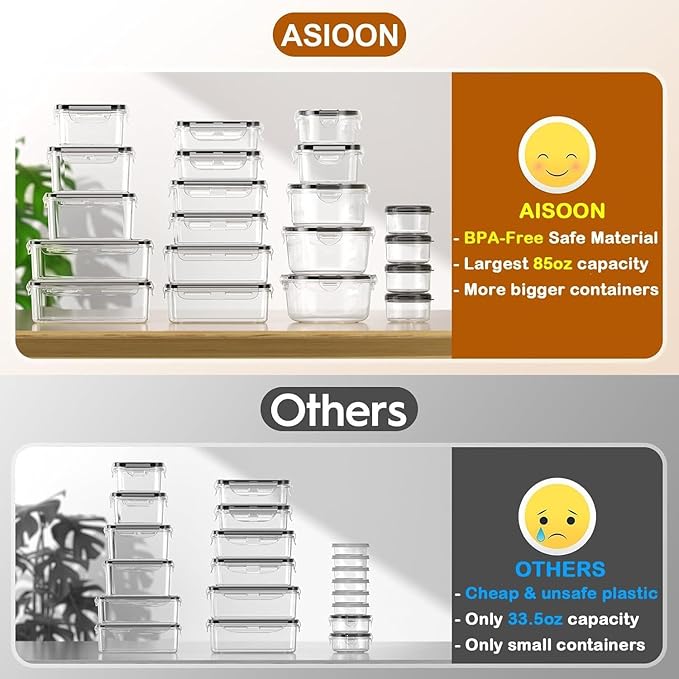 AISOON 40 Pcs 85oz Large Food Storage Containers with Lids, Reusable Meal Prep Containers for Kitchen Pantry Storage, Airtight Leakproof & BPA-Free, Freezer, Microwave & Dishwasher Safe