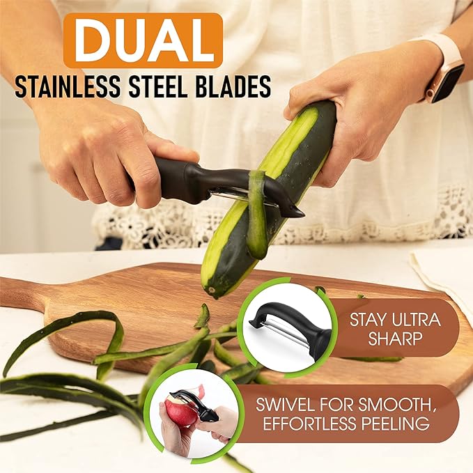 Spring Chef Premium Swivel Vegetable Peeler, Soft Grip Handle and Ultra Sharp Stainless Steel Blades - Perfect Kitchen Peeler For Veggie, Fruit, Potato, Carrot, Apple - Black - Set of 2
