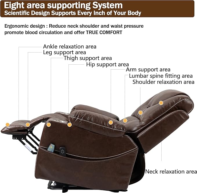 Power Lift Recliner Chair for Elderly with Massage and Heating, Ergonomic Electric Recliner Chair Single Sofa for Adults with Remote Control USB Port, Cup Holders, Side Pockets