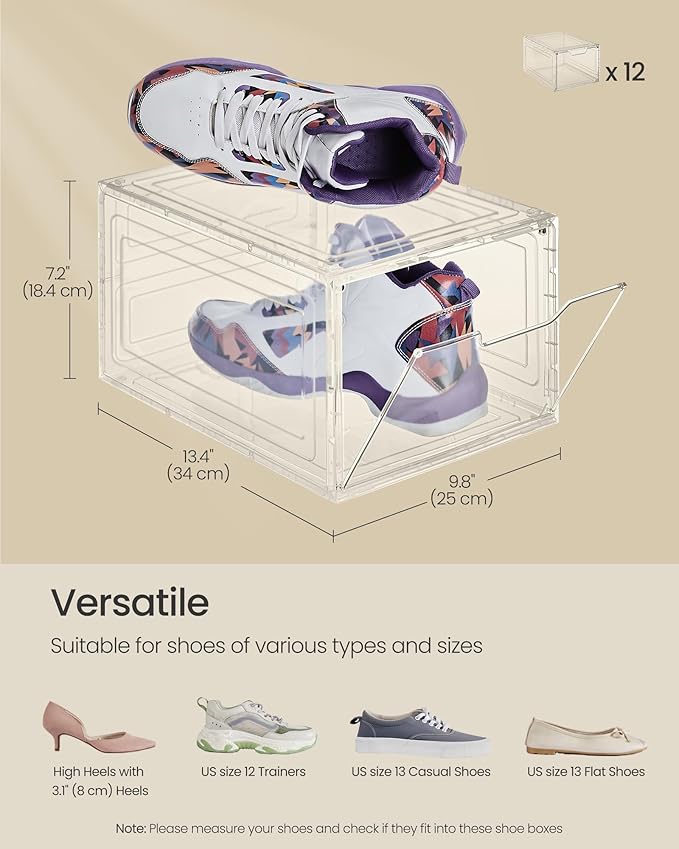 SONGMICS Shoe Boxes, Clear Shoe Organizers, Set of 12, Plastic Shoe Storage with Clear Door, Easy Assembly, up to US Size 13, Transparent White ULSP032W12