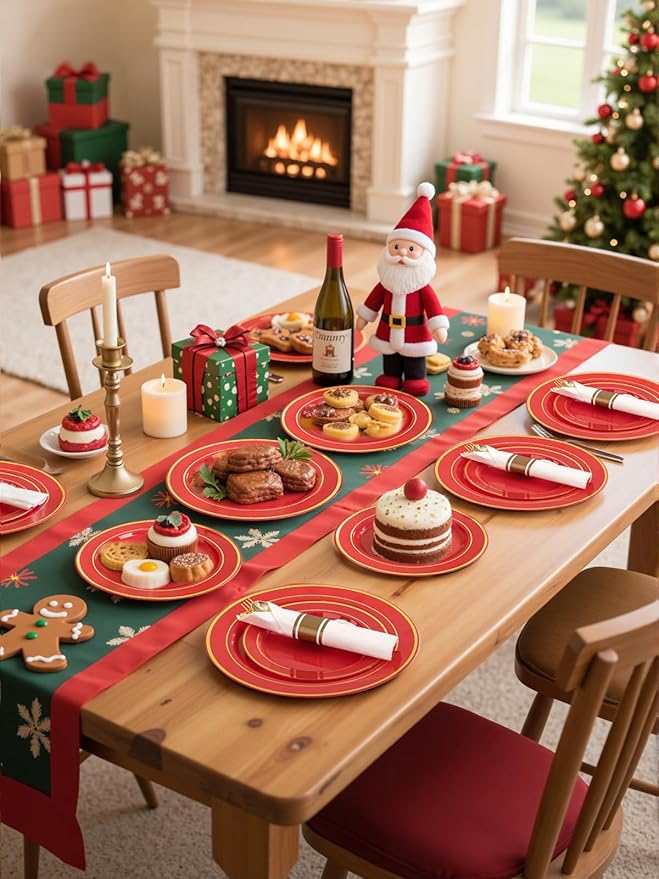 175 Pieces Red Plastic Plates with Gold Rim Include Dinner Plate 10”, Dessert Plate 7”, gold Cups 9 OZ, Pre Rolled Napkins 25 of each type for Christmas Party