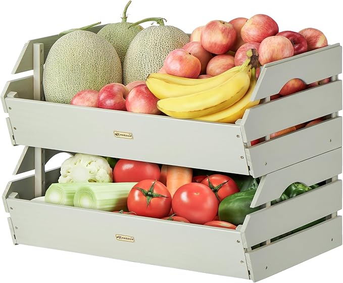 HABAU Wood Potato Onion Storage Bins - Wooden Stackable Produce Basket - Fruit Vegetable Storage for Kitchen Pantry Organization, Set 2 Pieces