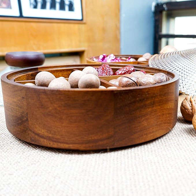 Wooden Snack Box with Glass Lid, 4-Compartment Serving Tray for Nuts, Candy, Dried Fruits, Multipurpose Storage Container for Home & Parties