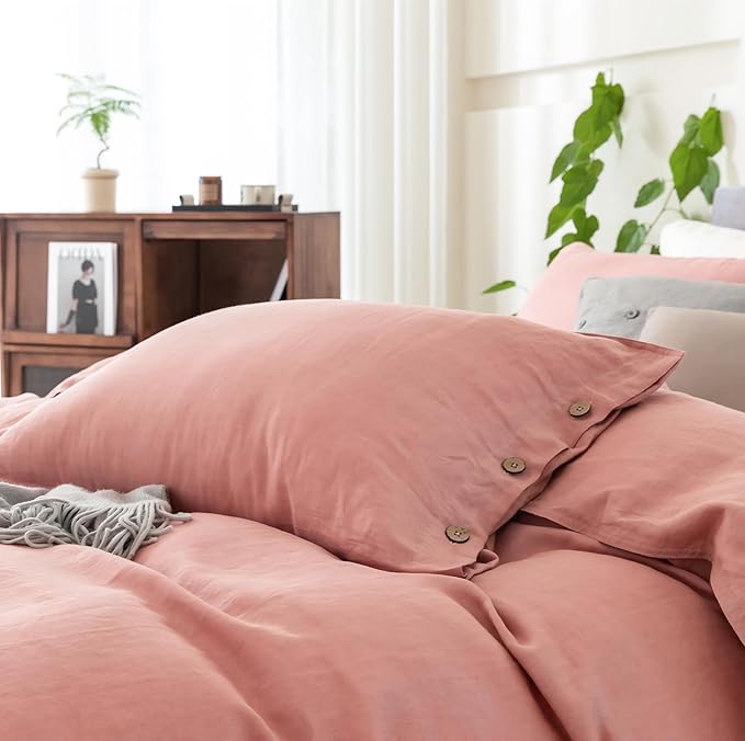 EVERLY 100% Pure Linen Duvet Cover Set King Size 104X90Inch 3pcs (1 Duvet Cover,2 Pillowcases) Soft and Breathable for All Season with Coconut Button Closure, Suitable for Hot Sleepers-Pink-King