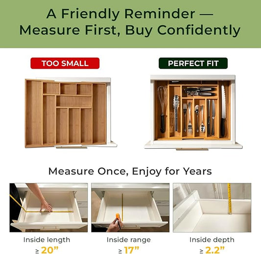 Carbonized Bamboo Kitchen Drawer Organizer, 10 Slots Expandable Silverware Organizer, Utensil Holder & Cutlery Tray, 2.2" Deep for Extra Capacity, Non-Slip Feet Included