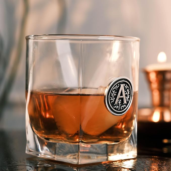 Personalized Whiskey Glass with Metal Initial – 10.5oz Premium Rocks Glass for Bourbon Scotch – Custom Engraved Letter Gift for Men Dad Groomsmen