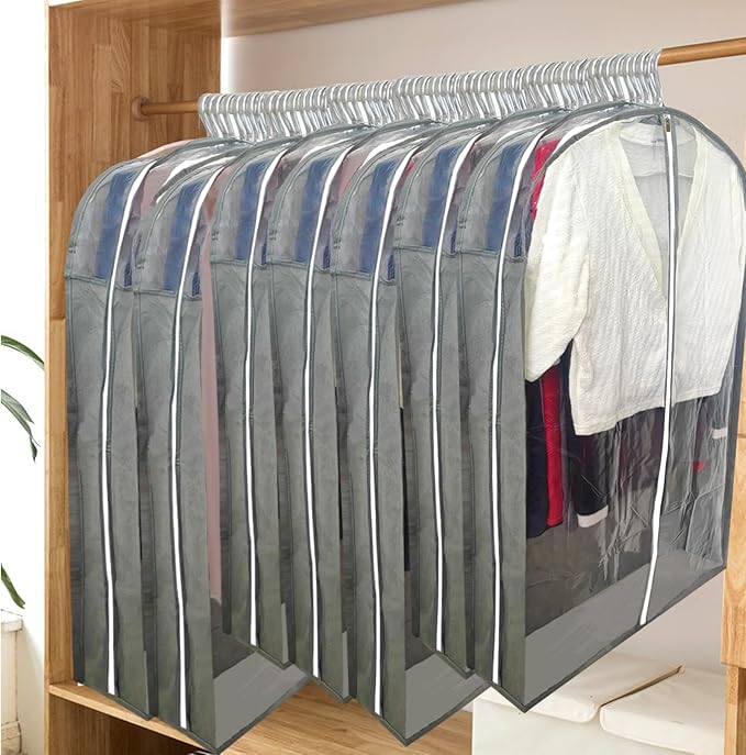 Suit Bags for Closet Storage with 6.3" Gusset, 40" Dust Proof Garment Bags for Hanging Clothes, Clear Suits Covers and Side Zipper Protector for Jacket, Coat, Sweater, Shirts, Clothing Grey/5 Packs