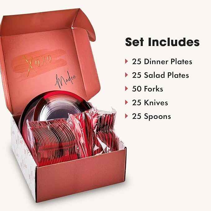 By Madee HEAVYWEIGHT 150 PC Christmas Plastic Plates and Cutlery | Clear and Red Christmas Dinnerware Set | Fancy Disposable Plates for Weddings, Birthdays & Holiday (25 Guests)