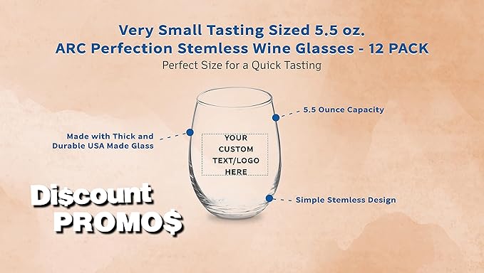 Custom Stemless Wine Glasses by ARC 5.5 oz. Set of 12, Personalized Bulk Pack - Perfect for Hotel, Bar, Restaurant or Lounge - Clear