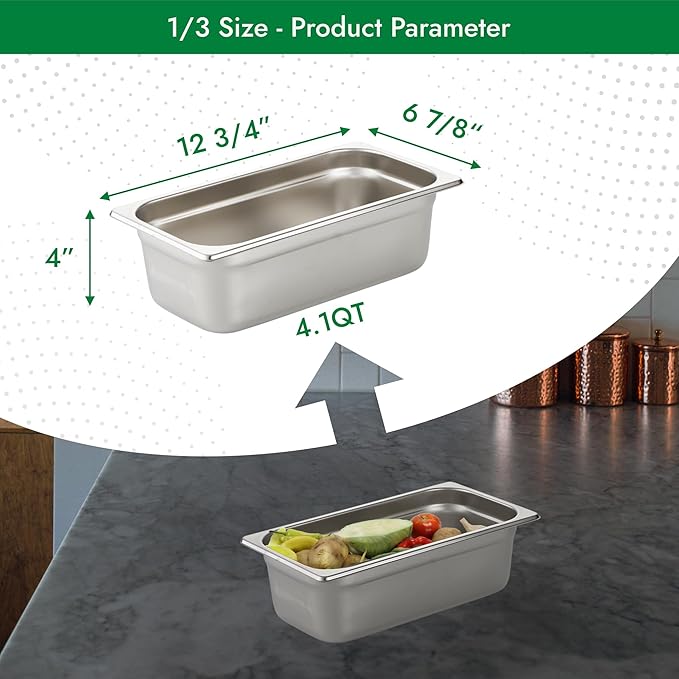 HECMAC 6 Pack Anti-Jam Hotel Pans, 1/3 Size 4 Inch Deep, Commercial Stainless Steel Chafing Steam Table Pan, Catering Storage Metal Food Pan, 23 Gauge