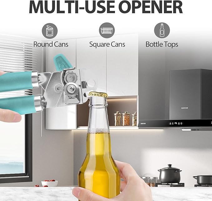Can Opener Manual, Heavy Duty Handheld Strong Can Opener with Soft Touch Handle, Sharp Blade Smooth Edge, Can Openers with Multifunctional Bottle Opener, Aqua Sky