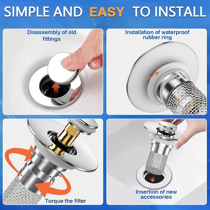 Sink Stopper Hair Catcher, Pop-up Sink Drain Strainer with Removable Stainless Steel Strainer Basket Hair Catcher, Bathroom Sink Strainer for Bathroom Sink Stopper Replacement