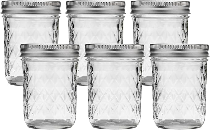 Ball Regular Mouth Quilted Crystal Glass Mason Jars with Lids and Bands, Used for Canning, Pickling, Juice, Jam, Jelly, Half Pint Size (Pack of 6)