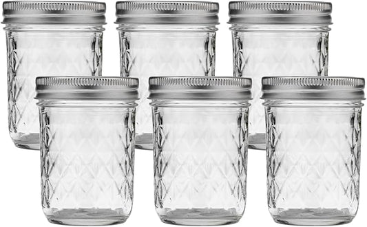 Ball Regular Mouth Quilted Crystal Glass Mason Jars with Lids and Bands, Used for Canning, Pickling, Juice, Jam, Jelly, Half Pint Size (Pack of 6)
