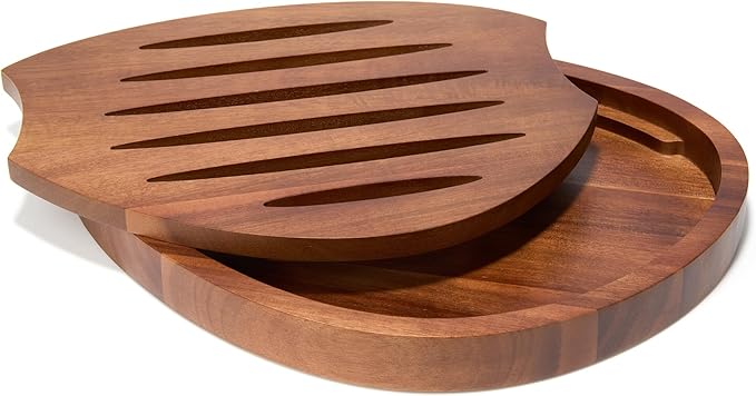 Nambe x Tom Papa Breaking Bread Cutting Board, 2-Piece Retro Style Acacia Wood Bread Board with Nesting Crumb Tray, Mid-Century Modern Serving Board for Slicing & Entertaining, 11.7” x 16”