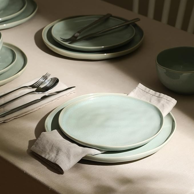 Stone Lain Mirella 12-Piece Stoneware Dinnerware Set, Service for 4 – Reactive Glaze, Light Green – Includes Dinner Plates, Salad Plates, and Bowls – Organic Modern Design
