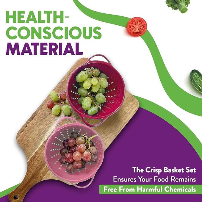 Crisp 2-Piece Mini Colander Berry Baskets With Handles - Food Strainers For Kitchen - Small Colander For Berries, Strawberry & Grape - Dishwasher Safe Berry Strainer - Made in the USA - Pink