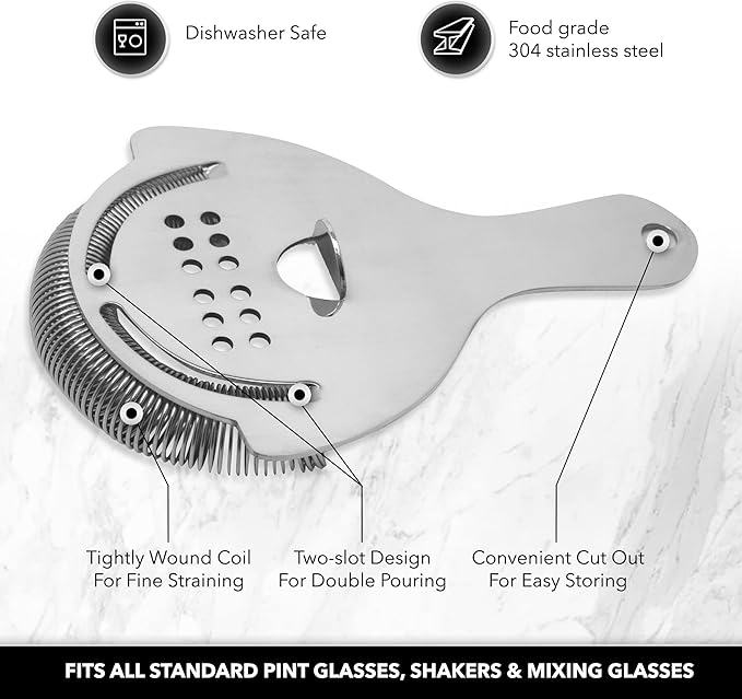 Professional Bartending Set for Shaken and Stirred Drinks: Boston Cocktail Shaker, Hawthorne Strainer, Japanese Jigger, Bar Spoon and Crystal Mixing Glass