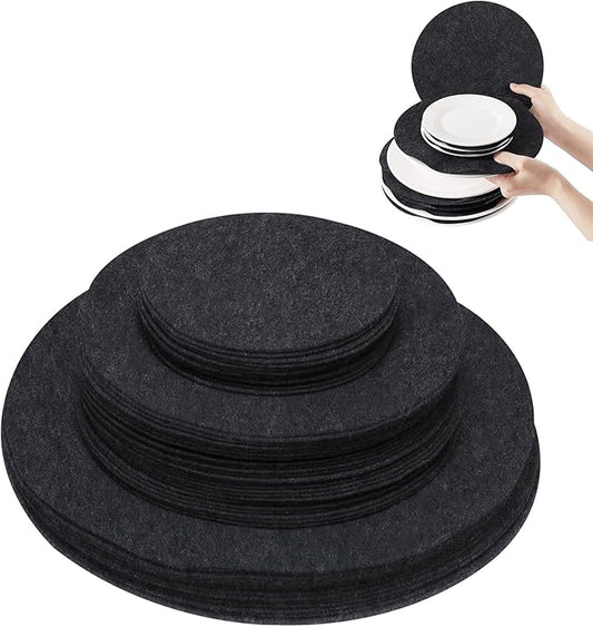 96 Pack Felt Plate Dividers Protectors, Thick Felt Round Plate Separators Pads China Dish Storage Protectors Pads with 3 Sizes for Packing Stacking Porcelain Cookware, Black