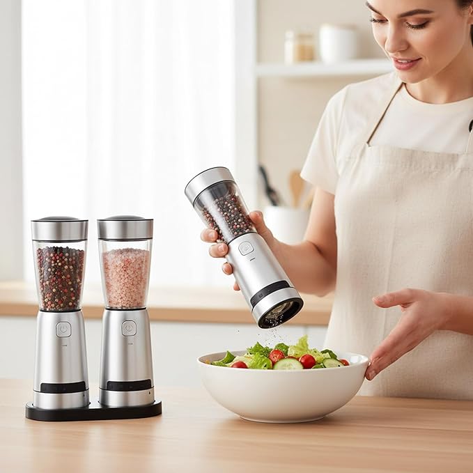 Electric Salt and Pepper Grinder Set, with LED Lights, Stainless Steel Automatic Pepper & Salt Mill with 5 Adjustable Coarseness (Upgraded Larger Capacity 150 ML)
