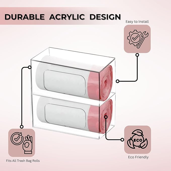 Acrylic Trash Bag Dispenser Roll Holder – 2 Compartment Clear Wall Mount & Trash Bag Holder Under Sink Organizer for Kitchen Cabinet, Drawer, Pantry – Trash Liner Storage Box for Garbage, Grocery Bags