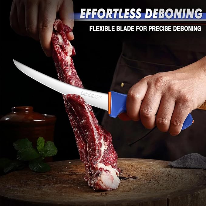 DRAGON RIOT 3 Pcs Butcher Knives Set, Meat Processing Knife Set for Brisket Trimming with German Stainless Steel and Blue Non-slip Handle Gift for Men